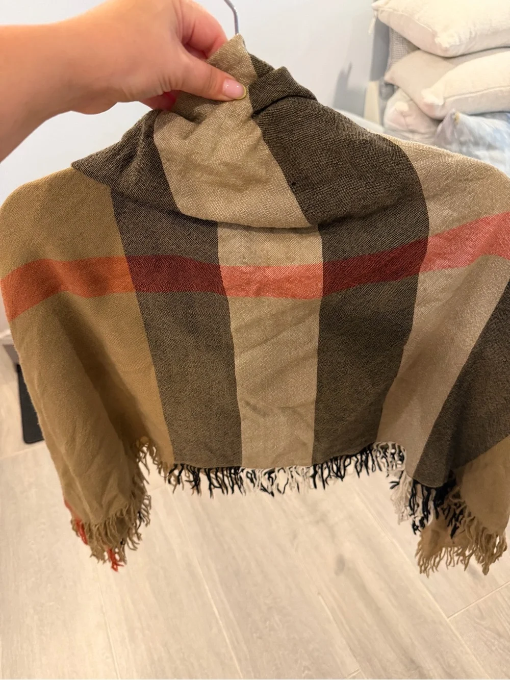 Burberry Plaid Fringe Trim Scarf in Tan, Black & Brown - Picture 2 of 4